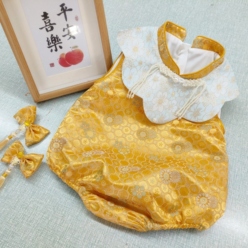 周岁礼服女宝宝春夏婴儿满月衣服百天抓周宴新中式国风金色包屁衣