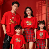 2026马年本命年亲子T恤防刺绣马图案红色全家福衣服新年家庭装 款