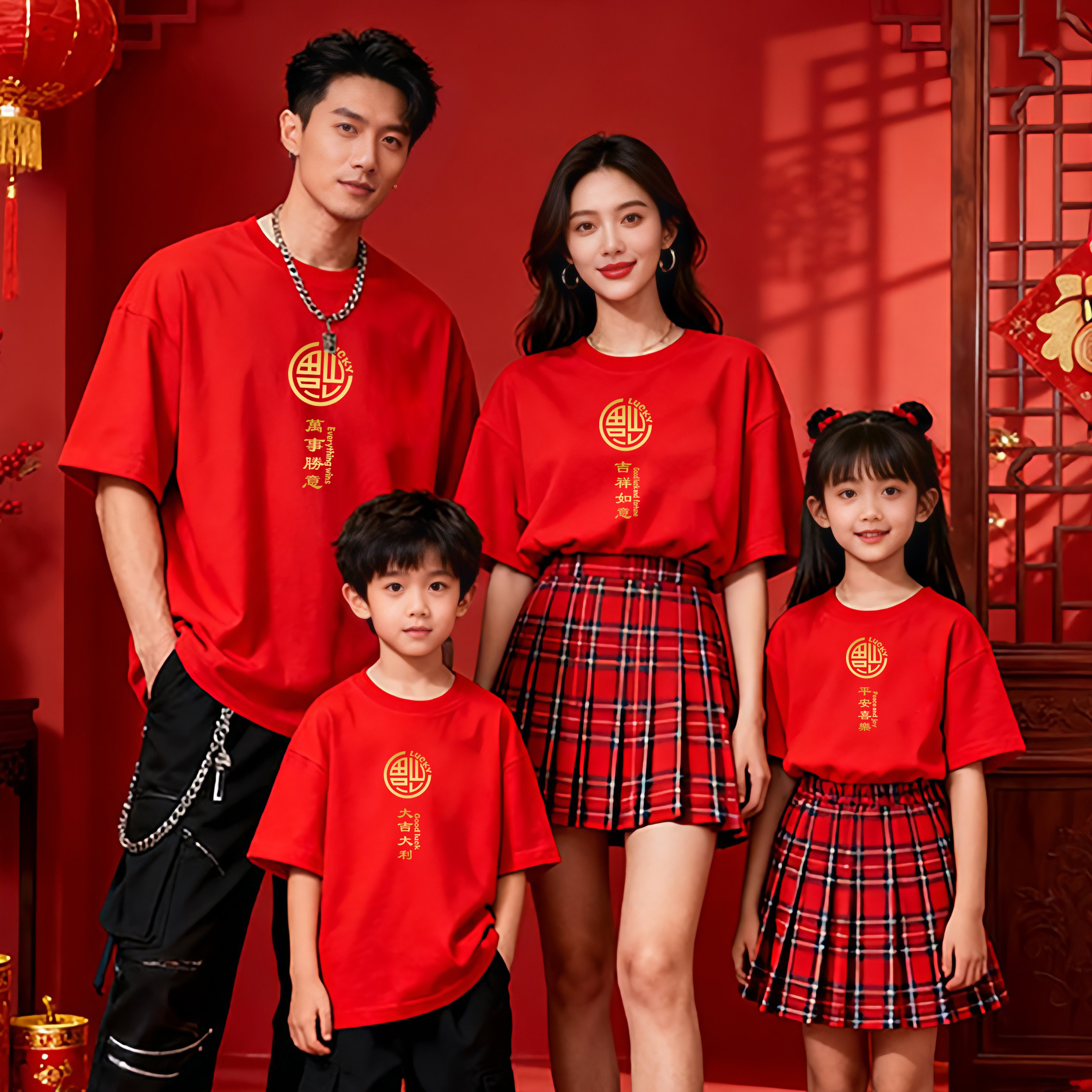 2026马年一家人聚会酒红色t恤本命年平安喜乐新年喜庆短袖男女童,男装,T恤,淘宝优惠券,粉丝福利购,淘宝优惠卷