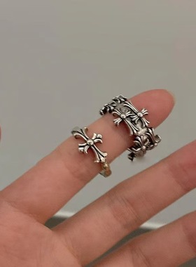 暗黑做旧十字架开口戒指女欧美风小众设计指环个性食指戒个性潮流