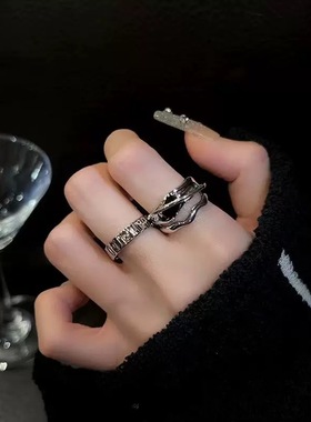 黑色方块锆石戒指2025新款男女几何冷淡小众设计感个性开口食指环