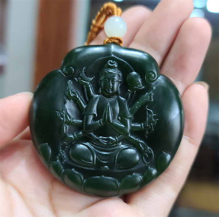 新疆和田黑碧玉籽料千手观音手把件挂件吊坠平安扣貔貅 XX15065