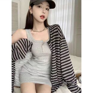 新款休闲薄款条纹长袖防晒上衣女2026夏季宽松显瘦百搭中长款外套