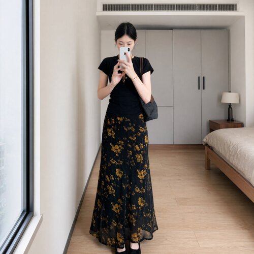 黑色长款碎花半身裙女夏2026新款薄纱复古新中式包臀裙时尚套装