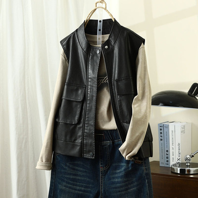 秋季宽松洋气扎染马夹拉链立领皮衣女下摆松紧无袖马甲大口袋外套