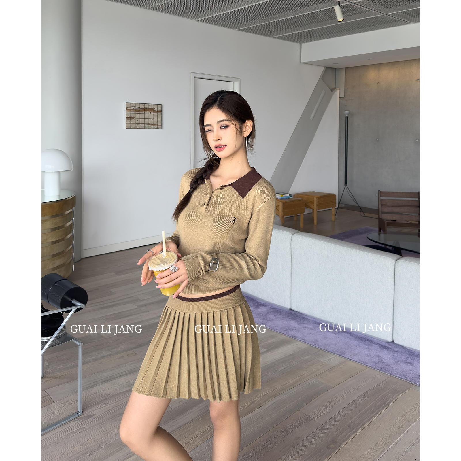怪力酱 学院风针织套装女秋冬辣妹POLO领上衣包臀百褶短裙两件套