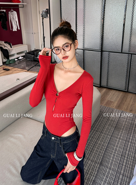 美式辣妹性感长袖t恤女露腰胸垫紧身红色连裆三角打底连体上衣春