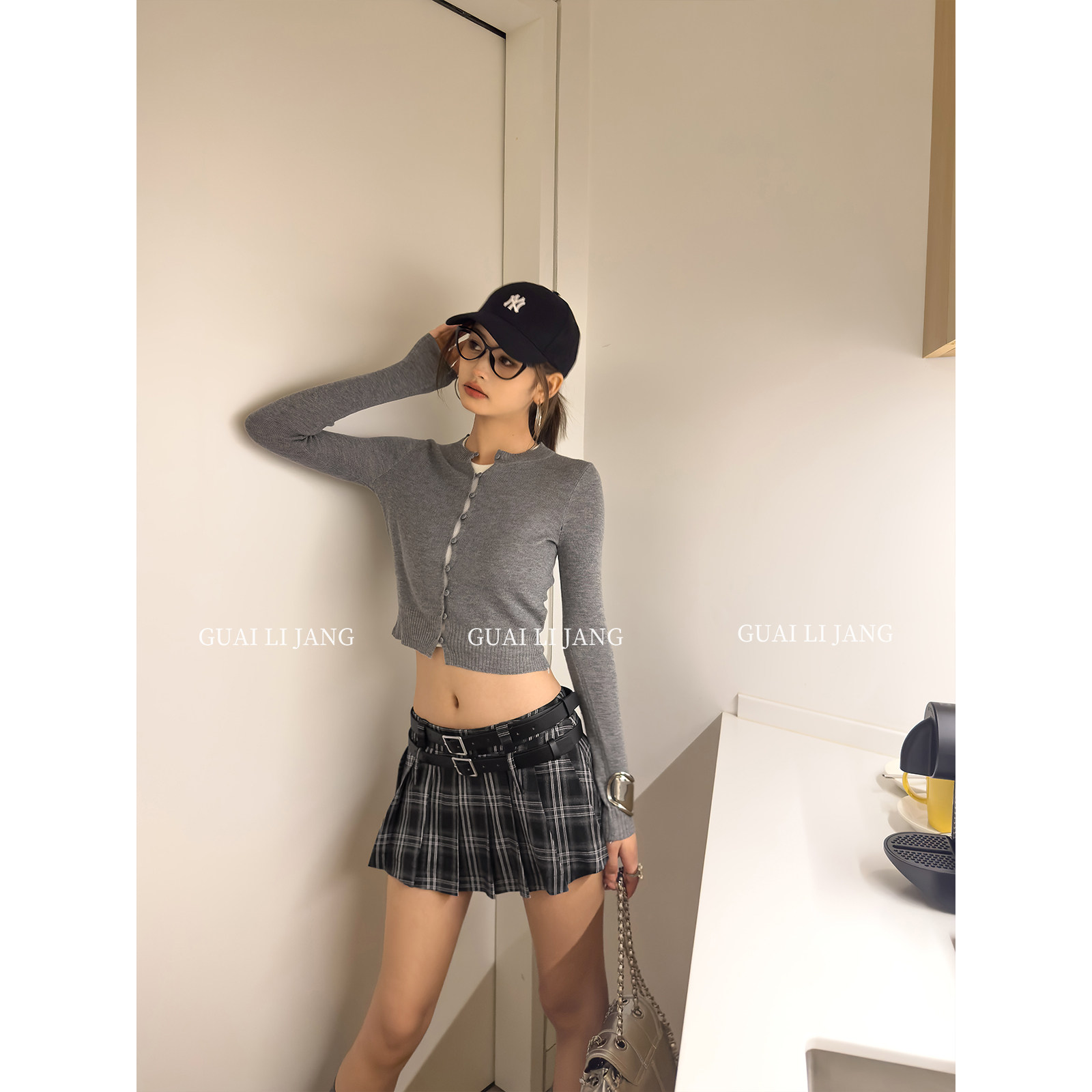 怪力酱格子百褶半身裙