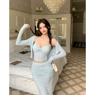 开衫 怪力酱 半裙纯欲吊带长袖 女秋季 鱼尾裙三件套 温柔风针织套装