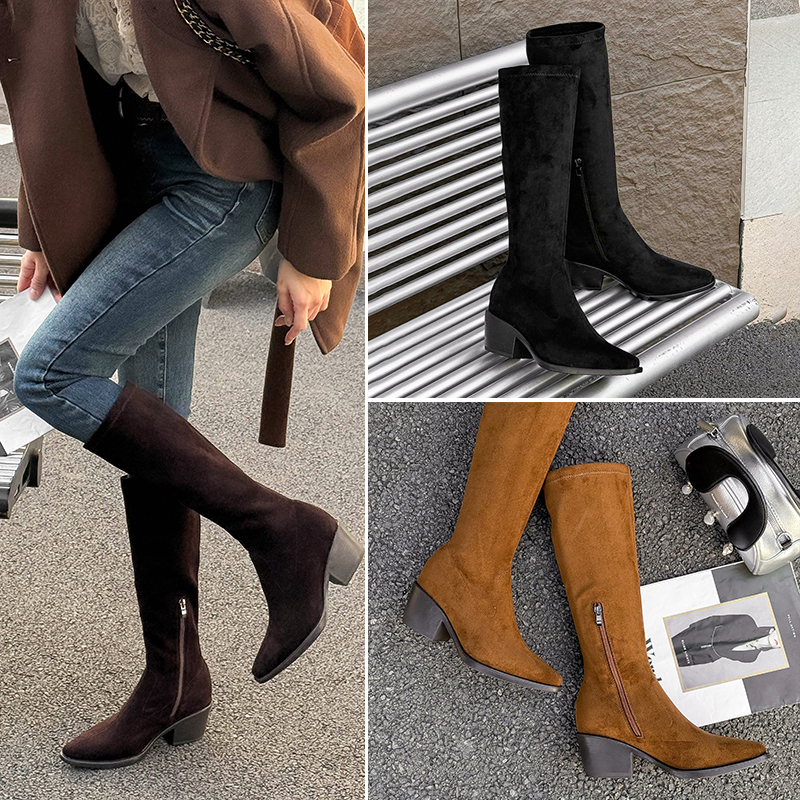 赫莲娜美式复古尖头高跟长筒靴
