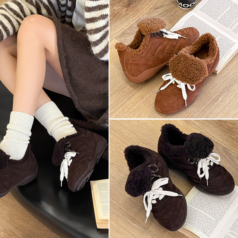真皮版！加绒复古羊羔毛德训鞋女