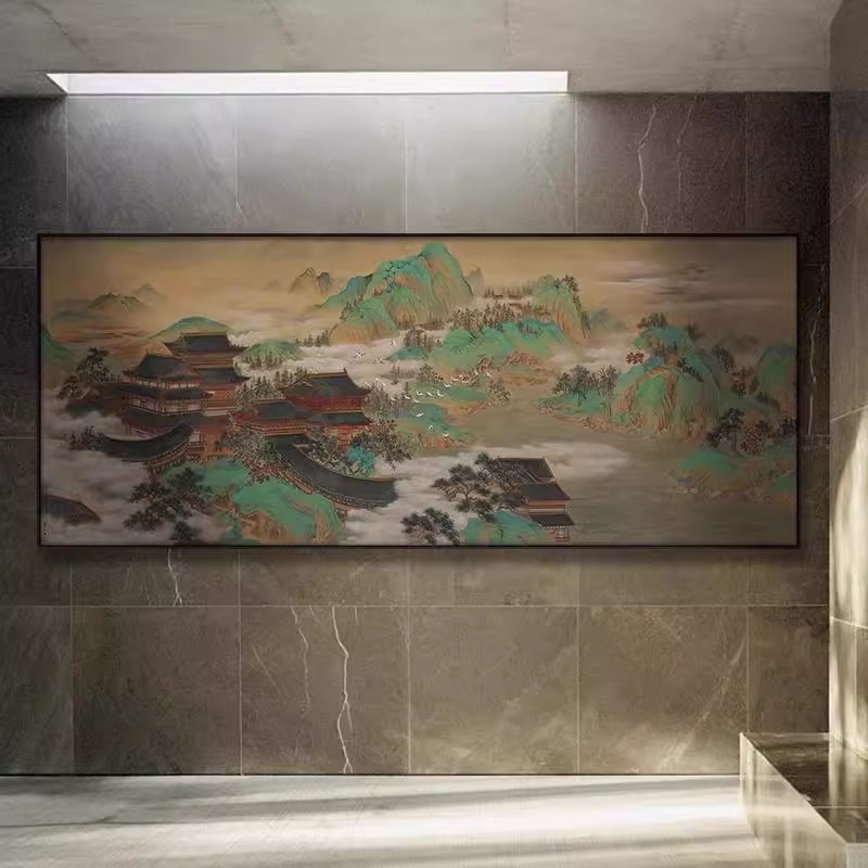 新中式大气复古山水装饰画客厅沙发背景墙挂画酒店售楼部立体壁画图片