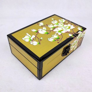 漆器首饰盒彩绘手工堆漆画金漆玉兰收纳饰品盒推光漆器画婚庆礼盒