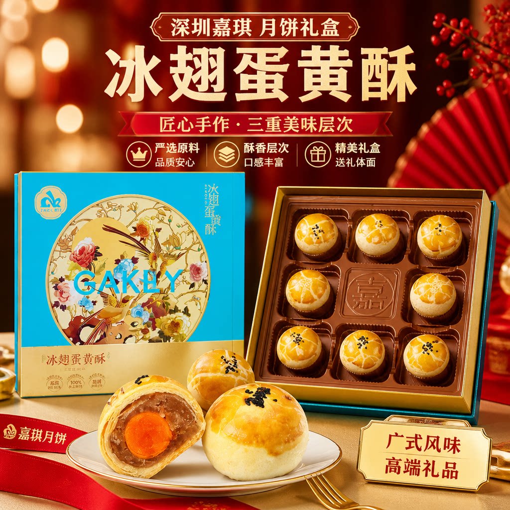 深圳嘉琪冰翅蛋黄酥月饼8个装528g礼盒装多口味中秋莲蓉酥皮月饼