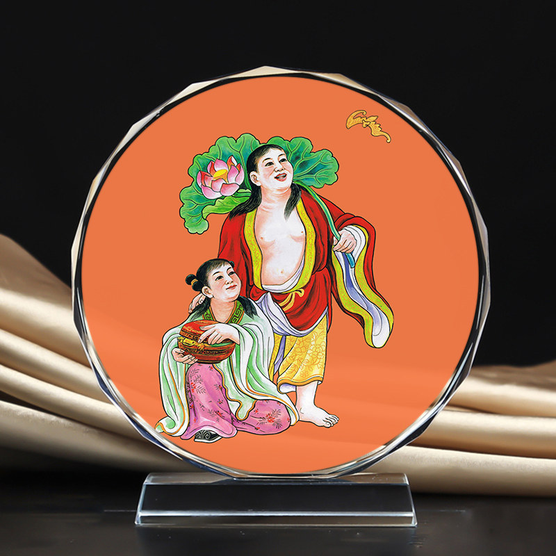 定制寒山拾得和二圣佛吉祥画像水晶玻璃摆件工艺照片文创礼品礼物图片