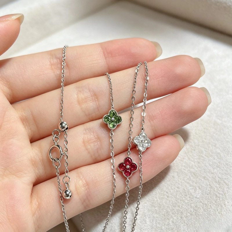 S925通体纯银四叶草彩色锆石手链