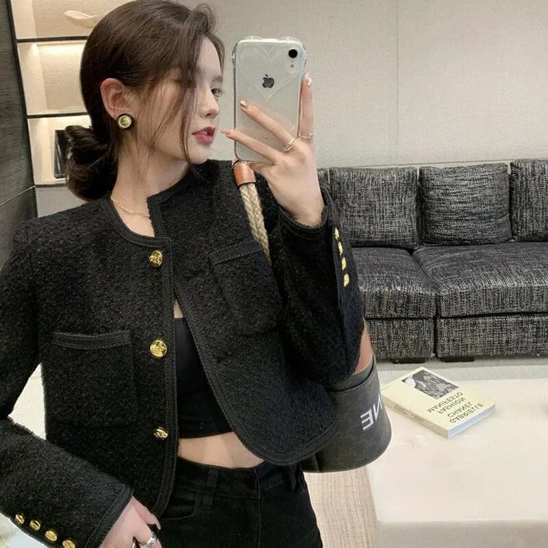 外套女秋冬款小香风外穿单排扣粗花毛呢黑色短款圆领上衣纯黑