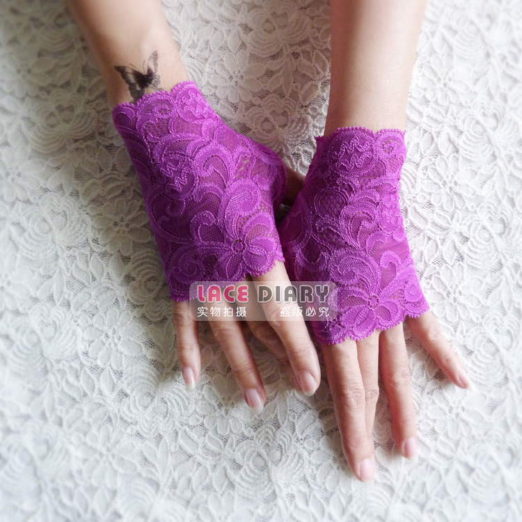原创风弹力遮疤痕蕾丝紫红色手套