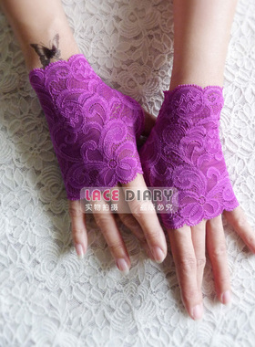 LS68原创手工定制防晒弹力薄时尚遮疤痕蕾丝半指露指短手套紫红色