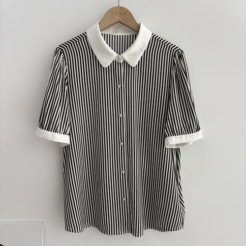 桑蚕丝夏装娃娃领衬衫翻领素绉缎丝绸条纹上衣女60B4/66104