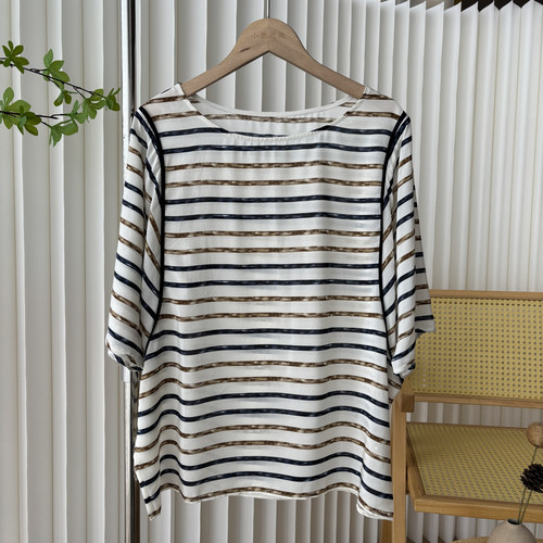 双绉 桑蚕丝  夏装女透气圆领条纹套头丝绸T恤衫13C4/65820