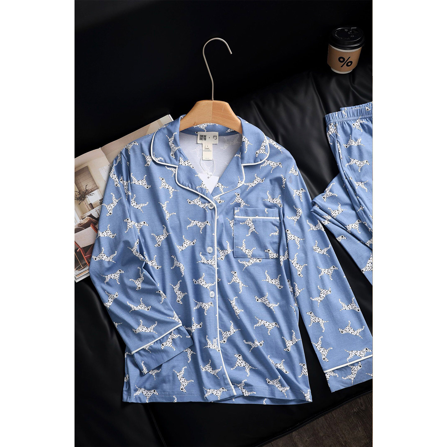 超柔软莫代尔棉斑点狗情侣睡眠家居服套装长袖长裤睡衣细腻不掉毛