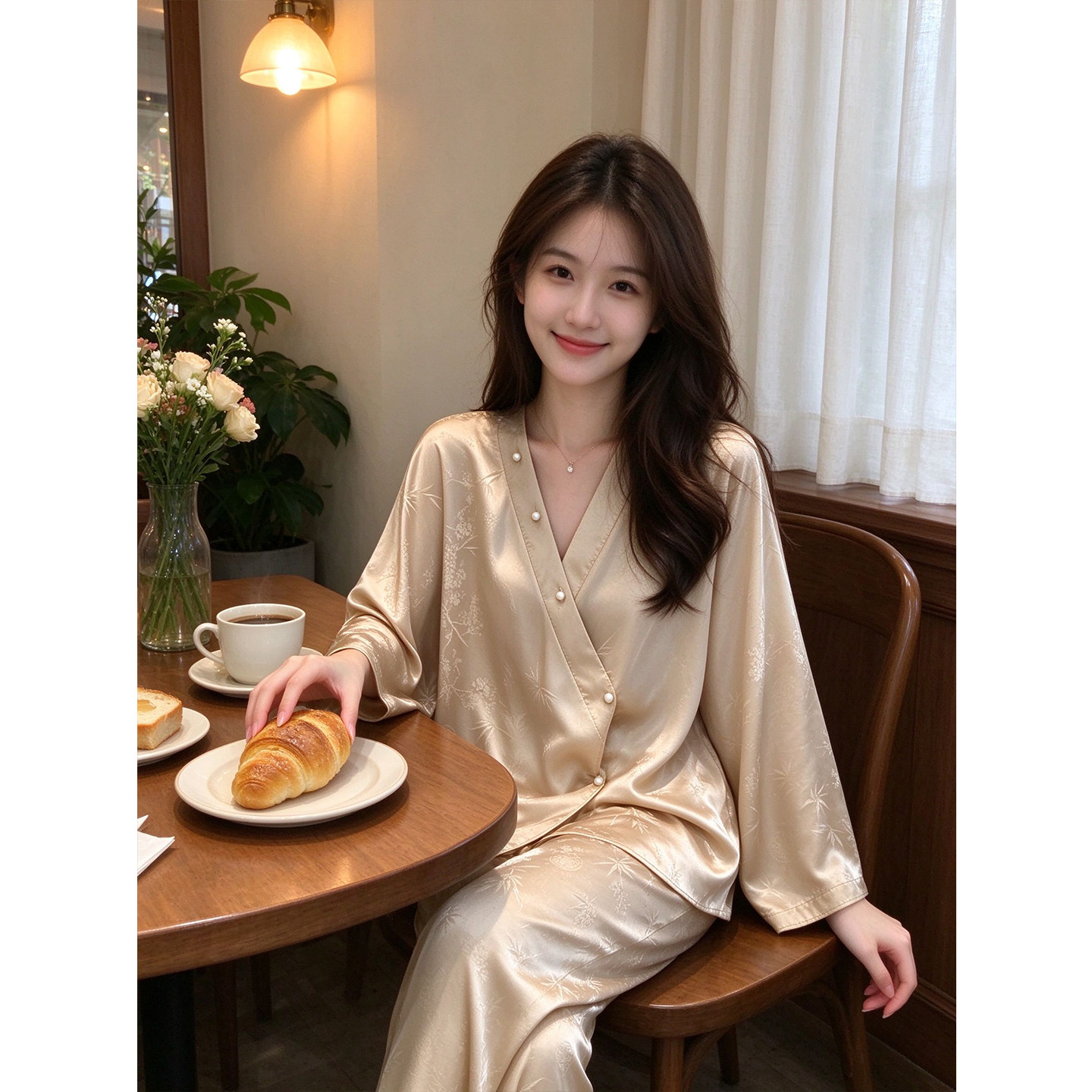 新中式桑蚕丝女睡衣套装可外穿