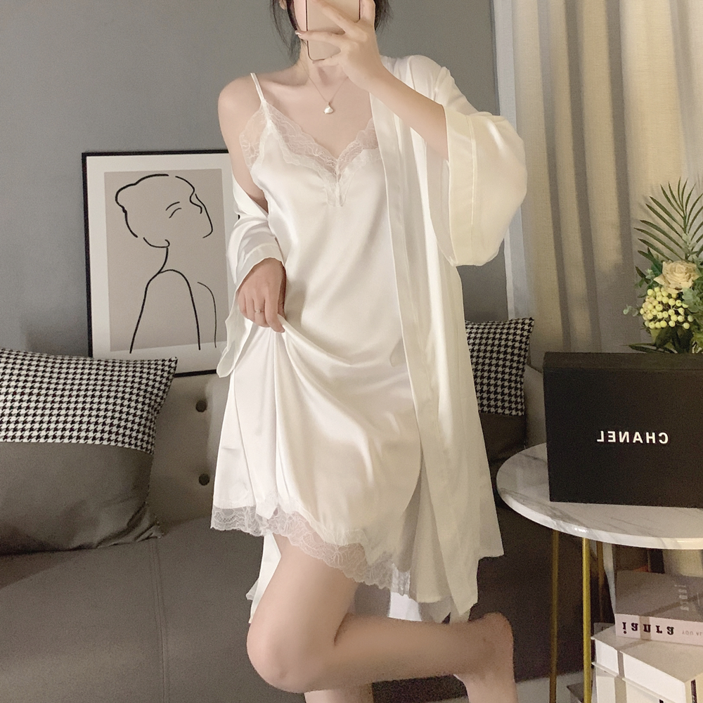 真丝冰丝吊带蕾丝睡裙两件套