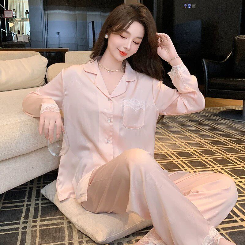 春秋真丝薄款蕾丝女睡衣套装