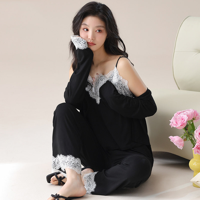 莫代尔女春秋蕾丝吊带睡衣三件套