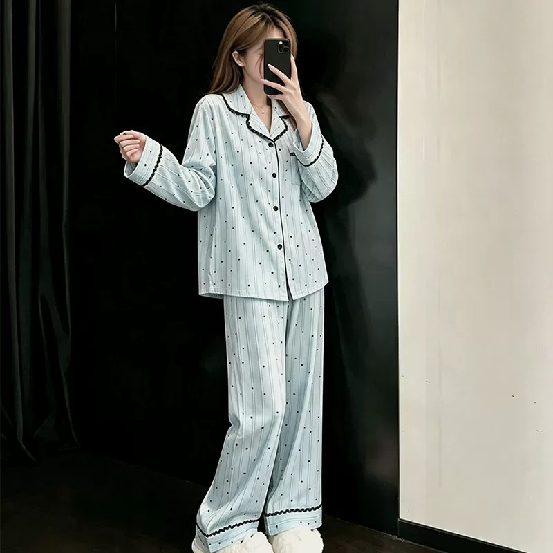 真丝波点春秋薄款女士睡衣套装
