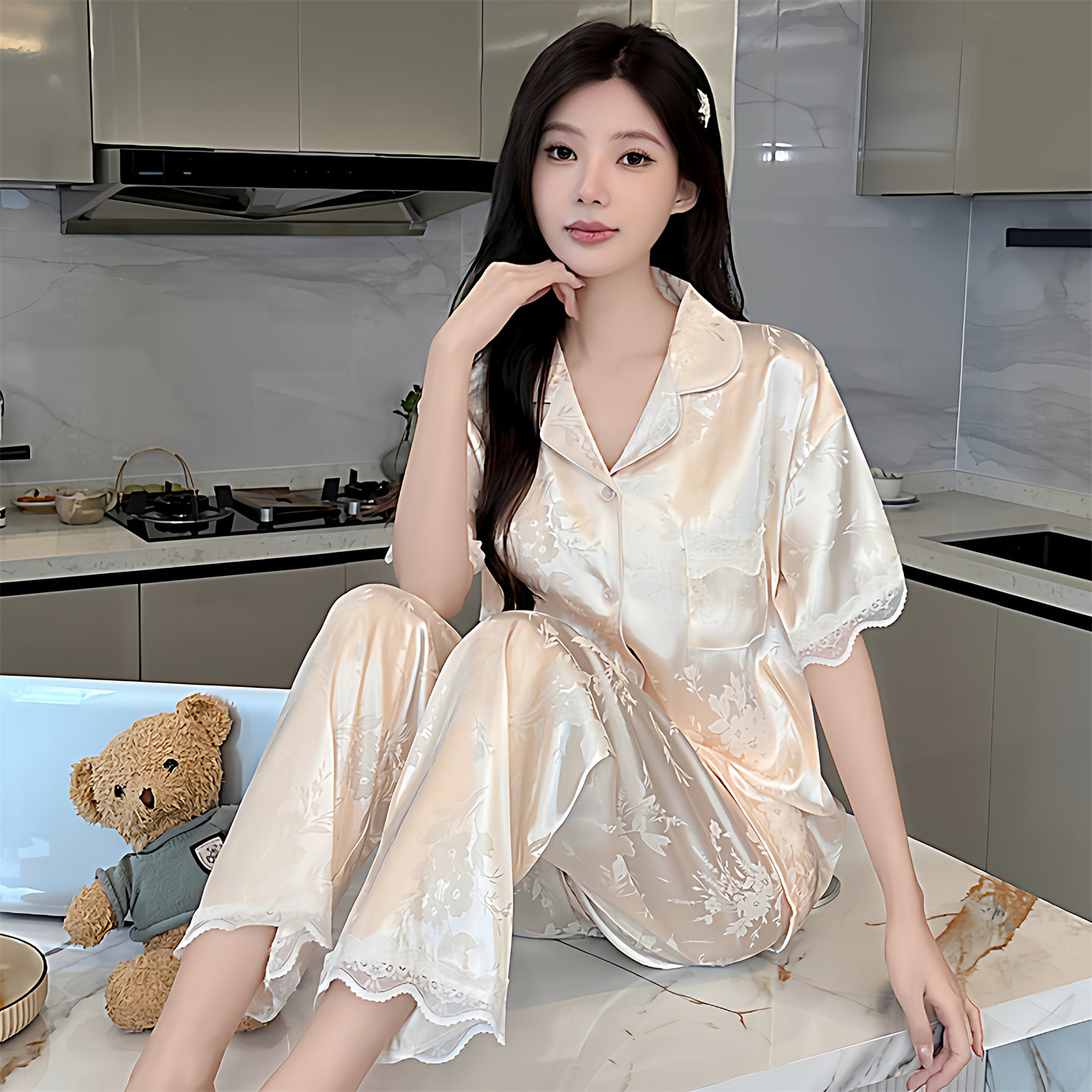 2026春秋真丝复古蕾丝女家居服
