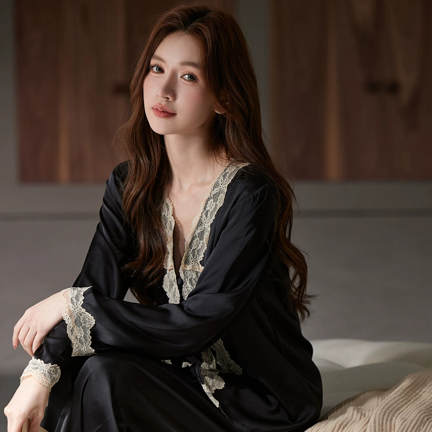 真丝蕾丝长袖睡衣套装大码女