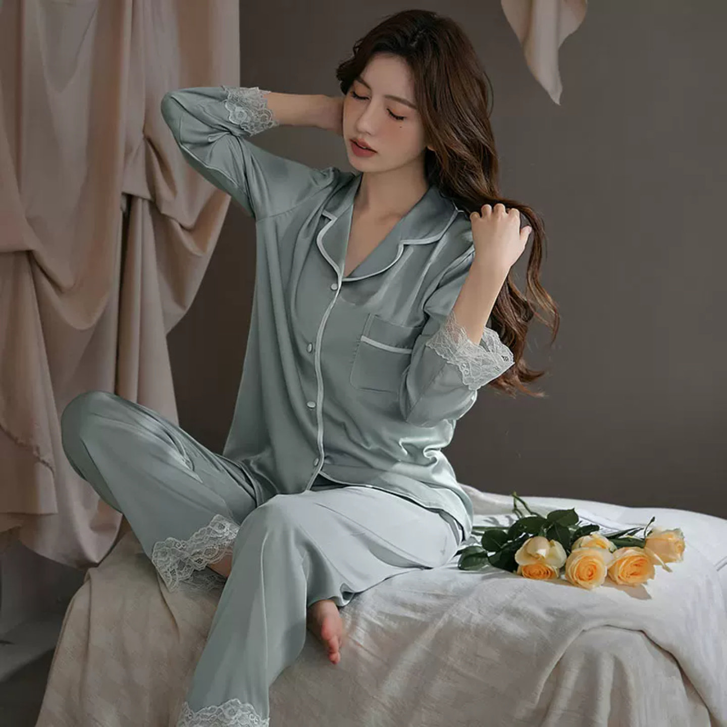 真丝超柔软蕾丝可外穿睡衣套装女