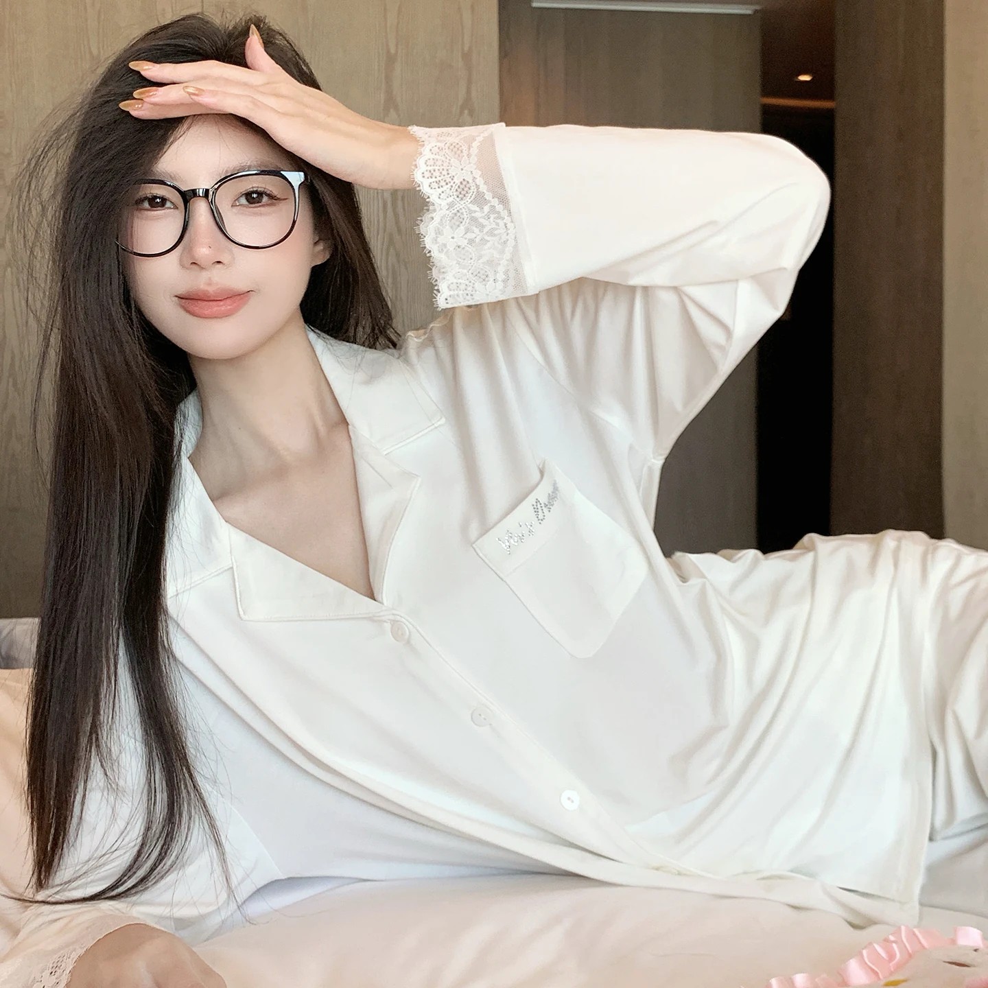 莫代尔女睡衣套装蕾丝可外穿