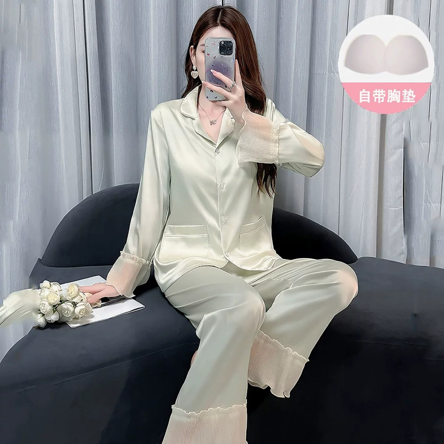 带胸垫桑蚕丝女春秋睡衣套装