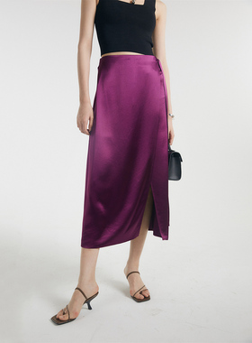 [5.11晚7点直播]绝美巴西莓紫 高开叉绑带醋酸半身裙 新增鎏金色