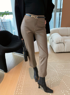 RAREST独立设计/2023全新升级 哑光皮小鸟腿加绒直筒弹力九分皮裤