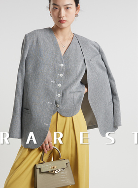 [新品发布]进口编织花灰麻感 无领西装+马甲+中裤干爽气质三件套