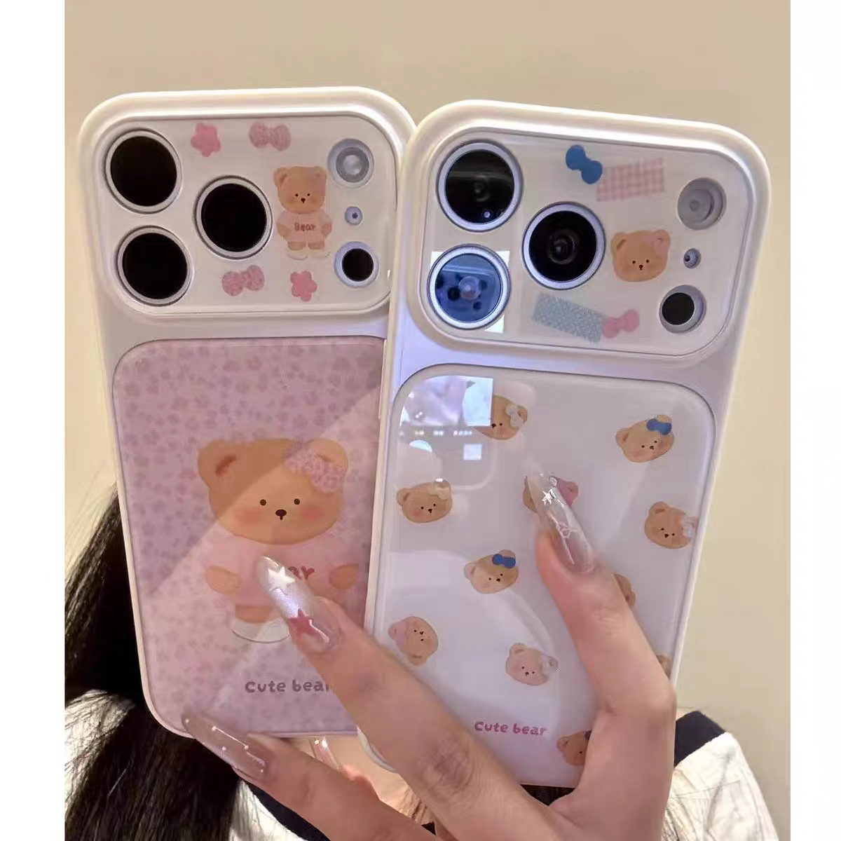 ins粉底豹纹蝴蝶结小熊大视窗手机壳适用苹果17promax手机壳iPhone16高级感光面肤感壳15plus创意14pro13防摔