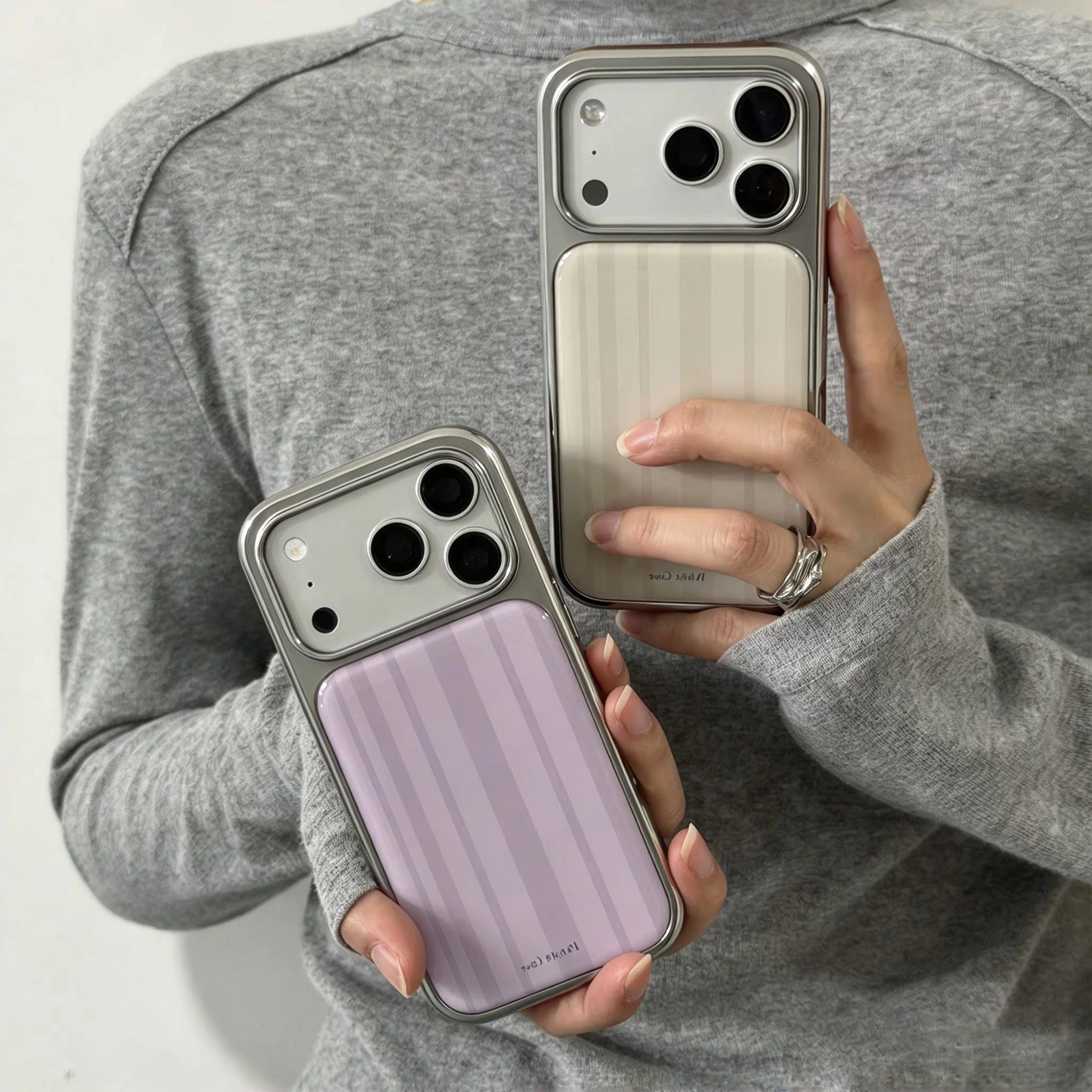 韩系米杏浅紫色条纹滴胶手机壳适用苹果iPhone17promax手机壳软边16防摔15原创小米141312/11华为mate60P780