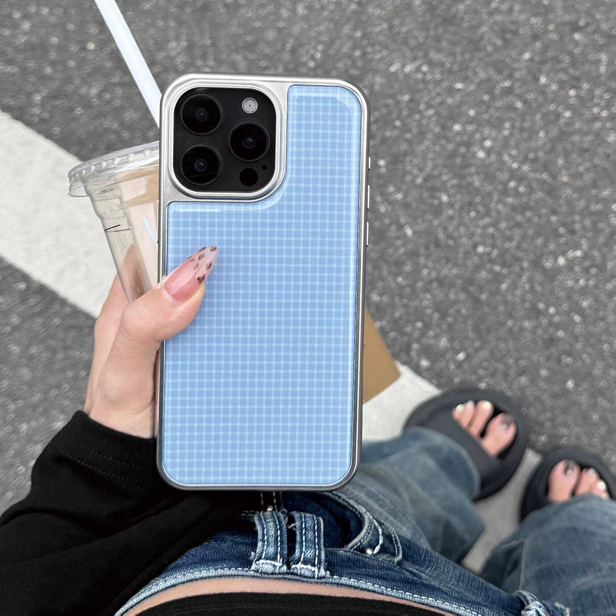 ins蓝色文艺条纹格子滴胶手机壳适用苹果iPhone17promax手机壳软边16防摔15原创小米141312/11华为mate60P780