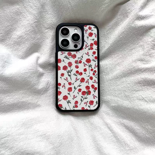 个性 复古小红花ins风亚克力黑边适用苹果iPhone16promax手机壳15pro小米14Pro保护套华为mate6070防摔三星S23