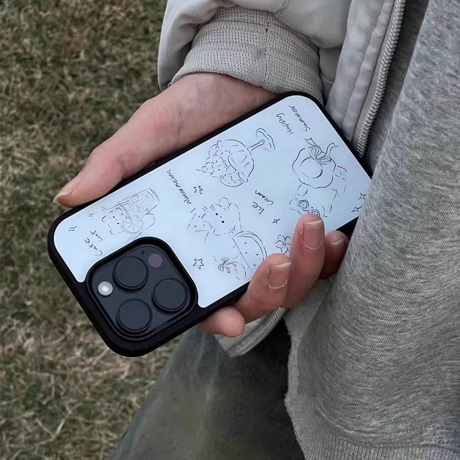 ins手绘黑白猫咪画亚克力黑边适用苹果iPhone16promax手机壳15pro小米14Pro保护套华为mate60P70防摔三星S23