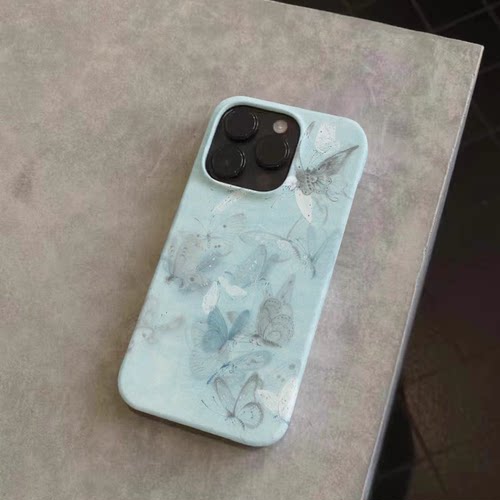 蓝色蝴蝶新中式菲林壳适用苹果14ProMax手机壳iPhone13硬壳12Pro新款iPhone11高级感XR/XSMAX/7/8PLUS