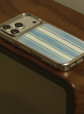 小众清新撞色蓝竖条纹电镀银边适用苹果iPhone17promax手机壳16pro小米14Pro保护套华为mate60P70三星S23软壳