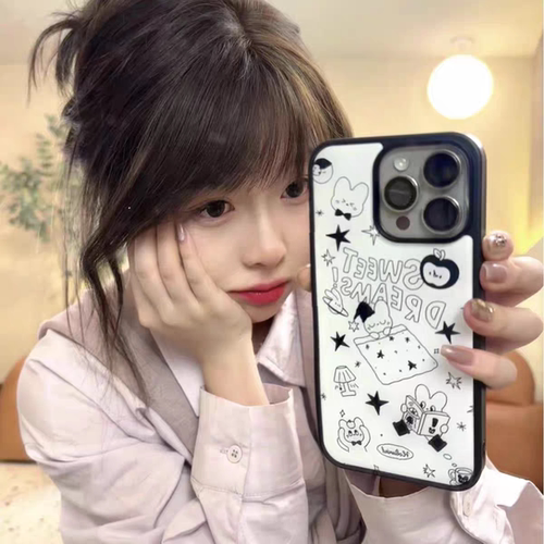 原创可爱韩系小兔亚克力黑边亮面磨砂ins适用苹果16promax手机壳iPhone15lus14Pro13保护套12防摔ins挂绳硅胶