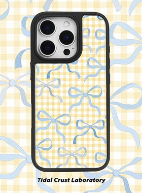 黄色棋牌格蝴蝶结亚克力黑边适用苹果iPhone16promax手机壳15pro小米14Pro保护套华为mate60P70防摔三星S23