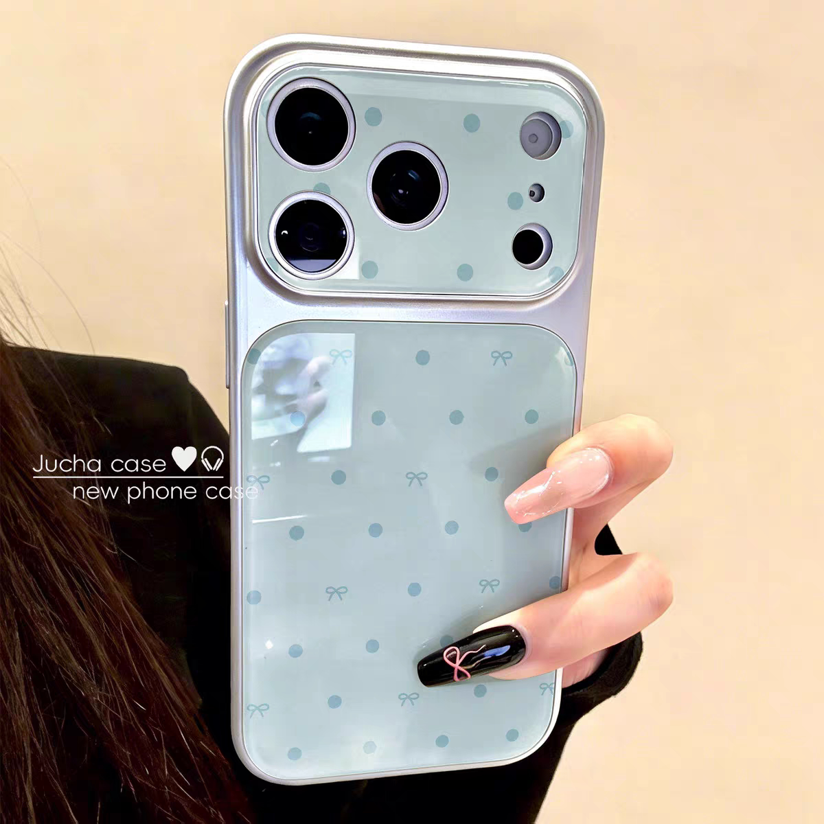 薄荷波点蝴蝶结大视窗适用苹果17promax手机壳iPhone16pro新款air高级15小众14plus创意13pro全包12防摔硬壳