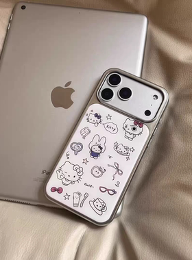 白底满屏线条kt插画新款银边手机壳适用苹果iPhone17promax高级感air保护套小众16plus亮面15pro14防摔13气质